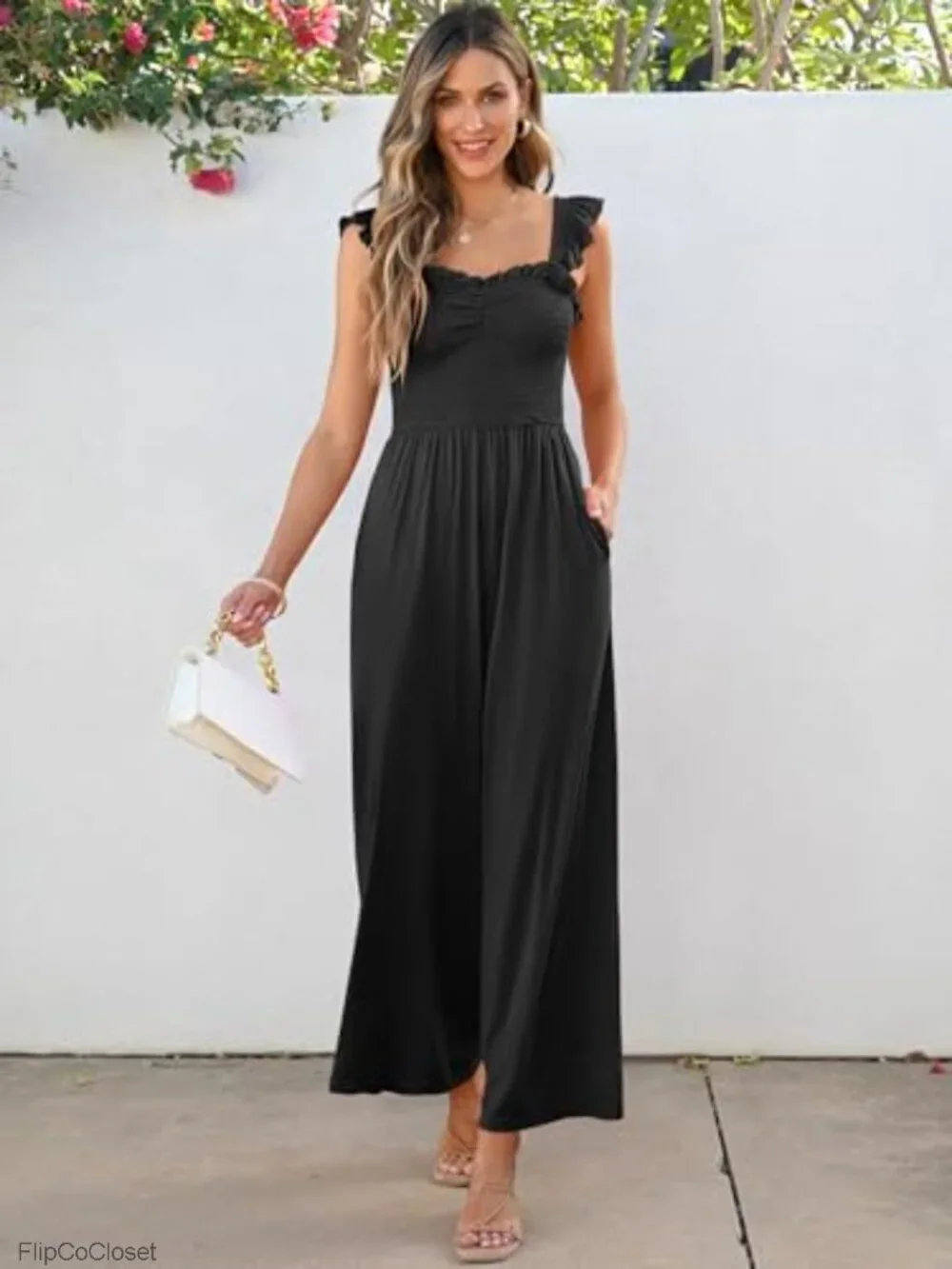 Sleeveless Smocked Wide Leg Jumpsuit with Pockets Summer Romper
